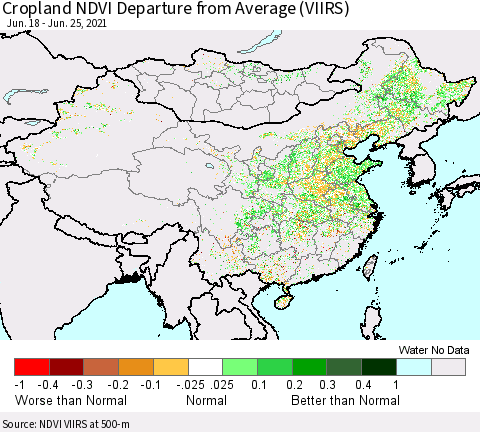 China, Mongolia and Taiwan Cropland NDVI Departure from Average (VIIRS) Thematic Map For 6/18/2021 - 6/25/2021