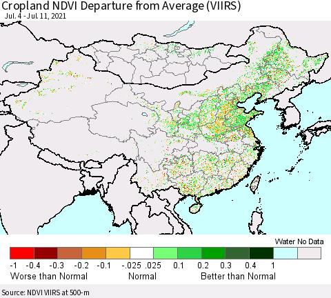 China, Mongolia and Taiwan Cropland NDVI Departure from Average (VIIRS) Thematic Map For 7/4/2021 - 7/11/2021