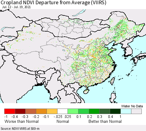 China, Mongolia and Taiwan Cropland NDVI Departure from Average (VIIRS) Thematic Map For 7/12/2021 - 7/19/2021