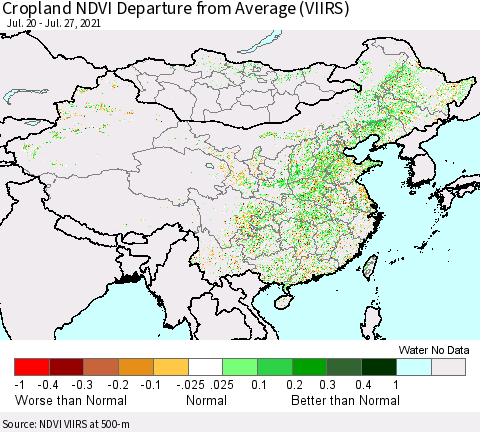 China, Mongolia and Taiwan Cropland NDVI Departure from Average (VIIRS) Thematic Map For 7/20/2021 - 7/27/2021