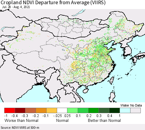 China, Mongolia and Taiwan Cropland NDVI Departure from Average (VIIRS) Thematic Map For 7/28/2021 - 8/4/2021