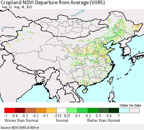 China, Mongolia and Taiwan Cropland NDVI Departure from Average (VIIRS) Thematic Map For 8/21/2021 - 8/28/2021