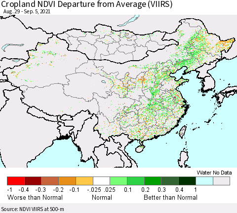 China, Mongolia and Taiwan Cropland NDVI Departure from Average (VIIRS) Thematic Map For 8/29/2021 - 9/5/2021