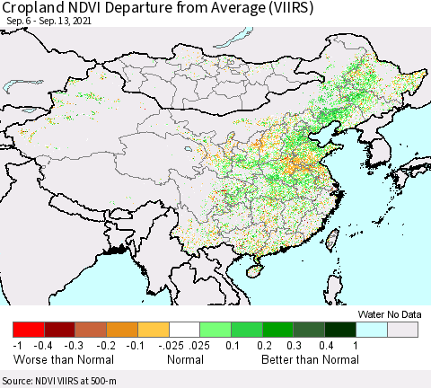 China, Mongolia and Taiwan Cropland NDVI Departure from Average (VIIRS) Thematic Map For 9/6/2021 - 9/13/2021