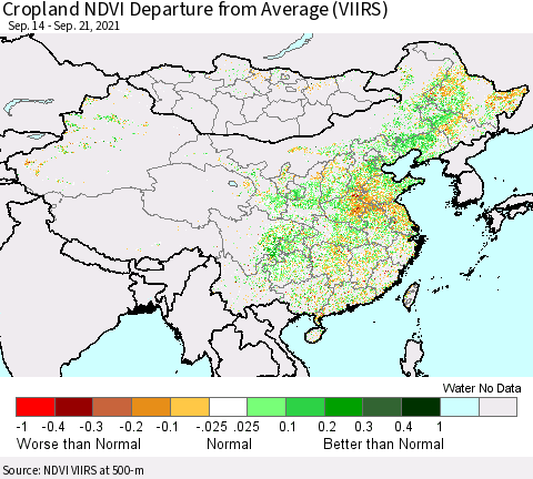 China, Mongolia and Taiwan Cropland NDVI Departure from Average (VIIRS) Thematic Map For 9/14/2021 - 9/21/2021