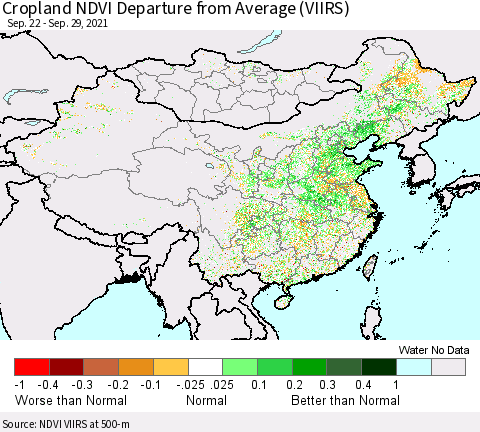 China, Mongolia and Taiwan Cropland NDVI Departure from Average (VIIRS) Thematic Map For 9/22/2021 - 9/29/2021