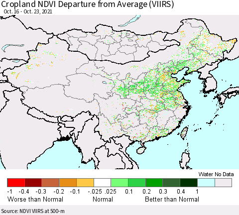China, Mongolia and Taiwan Cropland NDVI Departure from Average (VIIRS) Thematic Map For 10/16/2021 - 10/23/2021