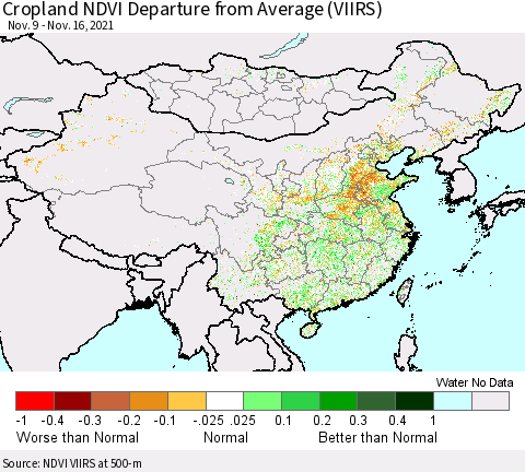 China, Mongolia and Taiwan Cropland NDVI Departure from Average (VIIRS) Thematic Map For 11/9/2021 - 11/16/2021