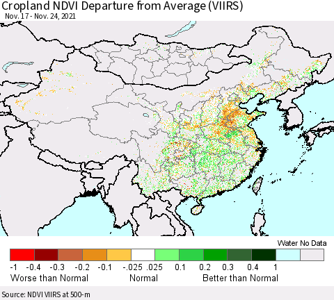 China, Mongolia and Taiwan Cropland NDVI Departure from Average (VIIRS) Thematic Map For 11/17/2021 - 11/24/2021