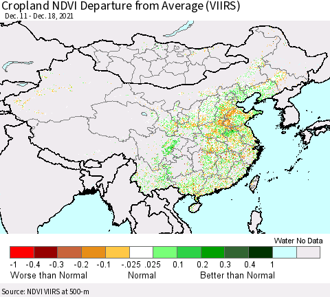 China, Mongolia and Taiwan Cropland NDVI Departure from Average (VIIRS) Thematic Map For 12/11/2021 - 12/18/2021