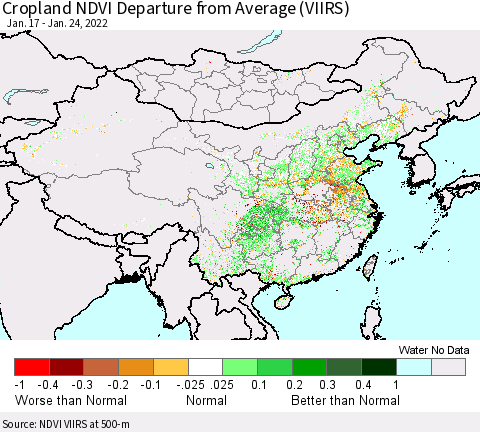 China, Mongolia and Taiwan Cropland NDVI Departure from Average (VIIRS) Thematic Map For 1/17/2022 - 1/24/2022