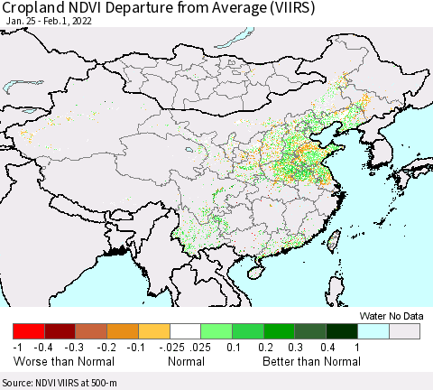 China, Mongolia and Taiwan Cropland NDVI Departure from Average (VIIRS) Thematic Map For 1/25/2022 - 2/1/2022