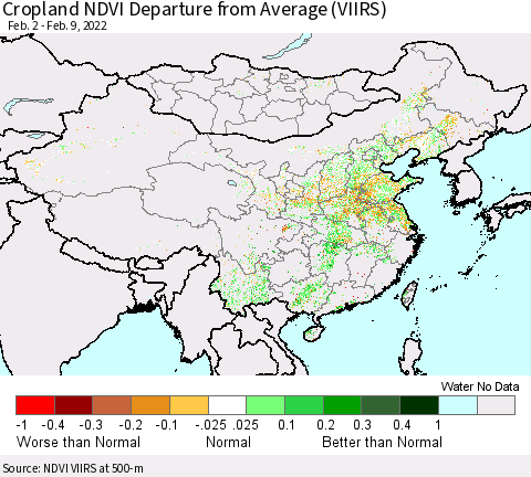 China, Mongolia and Taiwan Cropland NDVI Departure from Average (VIIRS) Thematic Map For 2/2/2022 - 2/9/2022