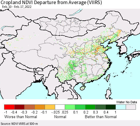 China, Mongolia and Taiwan Cropland NDVI Departure from Average (VIIRS) Thematic Map For 2/10/2022 - 2/17/2022