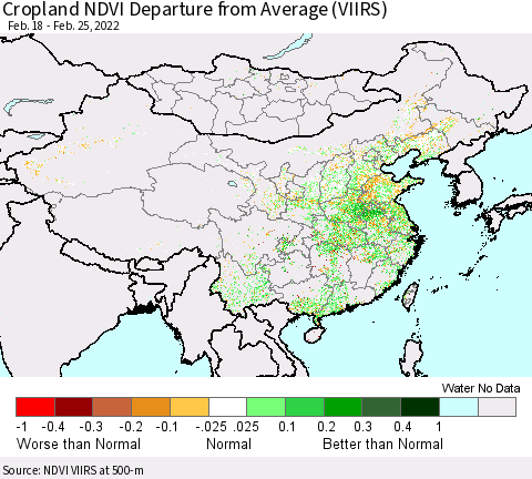 China, Mongolia and Taiwan Cropland NDVI Departure from Average (VIIRS) Thematic Map For 2/18/2022 - 2/25/2022