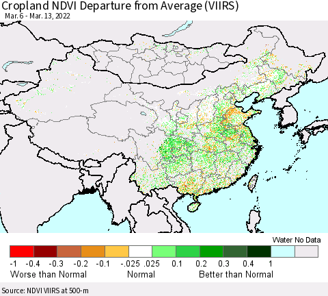 China, Mongolia and Taiwan Cropland NDVI Departure from Average (VIIRS) Thematic Map For 3/6/2022 - 3/13/2022