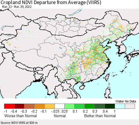 China, Mongolia and Taiwan Cropland NDVI Departure from Average (VIIRS) Thematic Map For 3/22/2022 - 3/29/2022