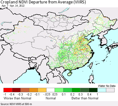 China, Mongolia and Taiwan Cropland NDVI Departure from Average (VIIRS) Thematic Map For 4/7/2022 - 4/14/2022