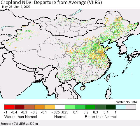 China, Mongolia and Taiwan Cropland NDVI Departure from Average (VIIRS) Thematic Map For 5/25/2022 - 6/1/2022