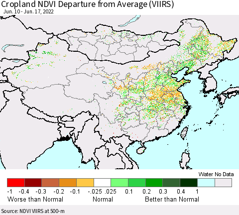 China, Mongolia and Taiwan Cropland NDVI Departure from Average (VIIRS) Thematic Map For 6/10/2022 - 6/17/2022