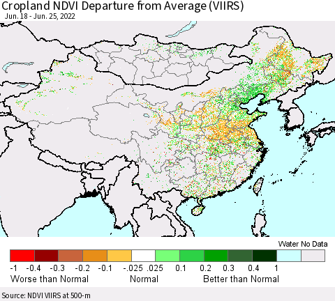 China, Mongolia and Taiwan Cropland NDVI Departure from Average (VIIRS) Thematic Map For 6/18/2022 - 6/25/2022