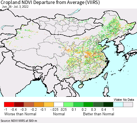 China, Mongolia and Taiwan Cropland NDVI Departure from Average (VIIRS) Thematic Map For 6/26/2022 - 7/3/2022