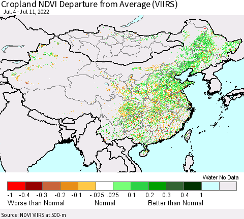 China, Mongolia and Taiwan Cropland NDVI Departure from Average (VIIRS) Thematic Map For 7/4/2022 - 7/11/2022