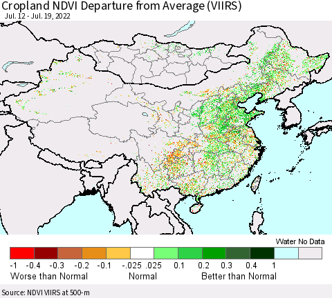 China, Mongolia and Taiwan Cropland NDVI Departure from Average (VIIRS) Thematic Map For 7/12/2022 - 7/19/2022