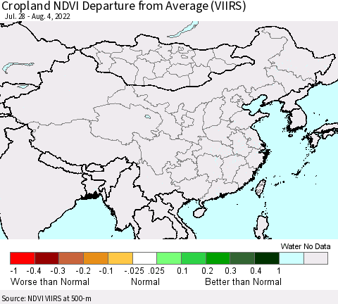 China, Mongolia and Taiwan Cropland NDVI Departure from Average (VIIRS) Thematic Map For 7/28/2022 - 8/4/2022