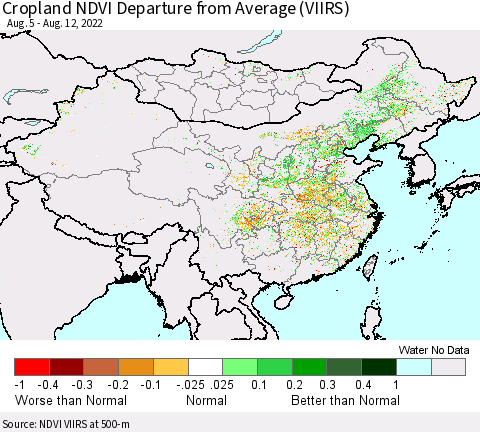 China, Mongolia and Taiwan Cropland NDVI Departure from Average (VIIRS) Thematic Map For 8/5/2022 - 8/12/2022