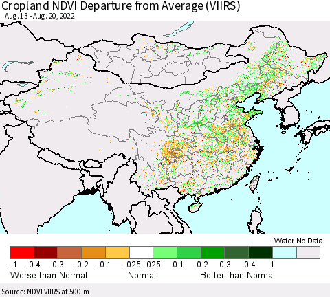 China, Mongolia and Taiwan Cropland NDVI Departure from Average (VIIRS) Thematic Map For 8/13/2022 - 8/20/2022