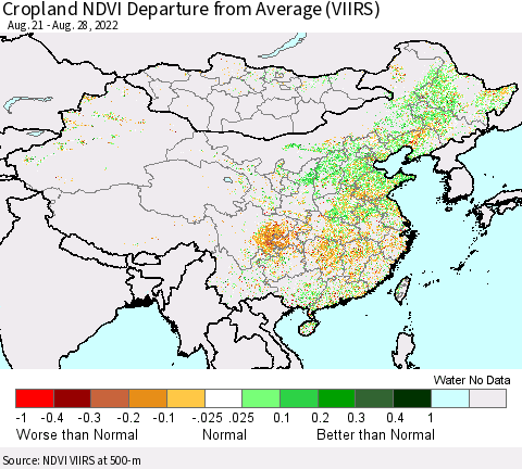 China, Mongolia and Taiwan Cropland NDVI Departure from Average (VIIRS) Thematic Map For 8/21/2022 - 8/28/2022