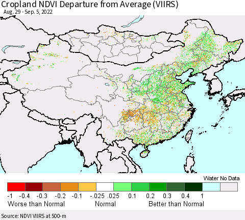 China, Mongolia and Taiwan Cropland NDVI Departure from Average (VIIRS) Thematic Map For 8/29/2022 - 9/5/2022