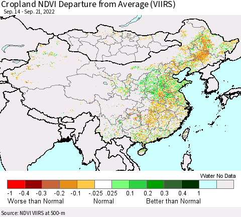 China, Mongolia and Taiwan Cropland NDVI Departure from Average (VIIRS) Thematic Map For 9/14/2022 - 9/21/2022