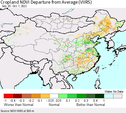 China, Mongolia and Taiwan Cropland NDVI Departure from Average (VIIRS) Thematic Map For 9/30/2022 - 10/7/2022