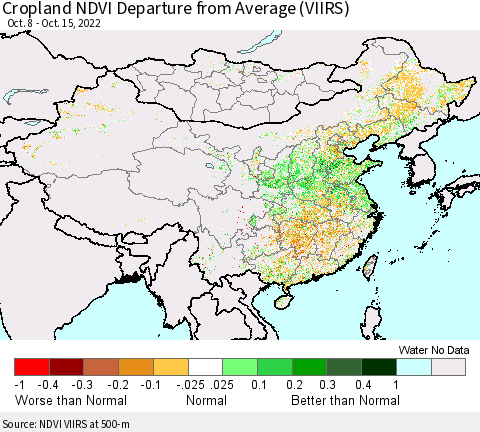 China, Mongolia and Taiwan Cropland NDVI Departure from Average (VIIRS) Thematic Map For 10/8/2022 - 10/15/2022