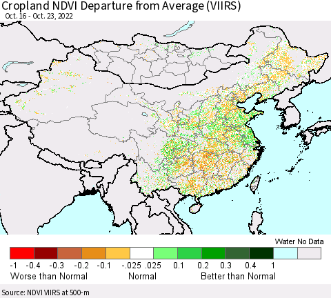 China, Mongolia and Taiwan Cropland NDVI Departure from Average (VIIRS) Thematic Map For 10/16/2022 - 10/23/2022