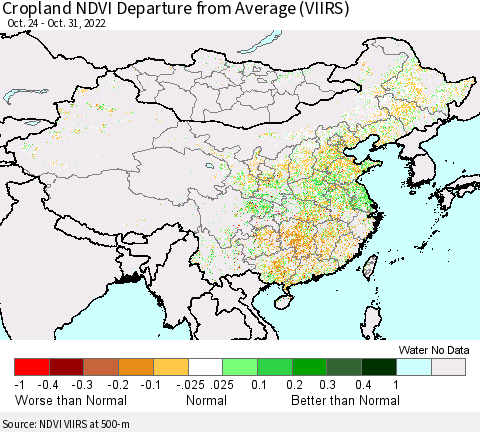 China, Mongolia and Taiwan Cropland NDVI Departure from Average (VIIRS) Thematic Map For 10/24/2022 - 10/31/2022