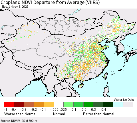 China, Mongolia and Taiwan Cropland NDVI Departure from Average (VIIRS) Thematic Map For 11/1/2022 - 11/8/2022