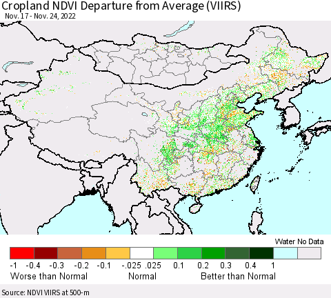 China, Mongolia and Taiwan Cropland NDVI Departure from Average (VIIRS) Thematic Map For 11/17/2022 - 11/24/2022
