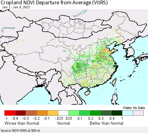 China, Mongolia and Taiwan Cropland NDVI Departure from Average (VIIRS) Thematic Map For 1/1/2023 - 1/8/2023