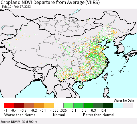 China, Mongolia and Taiwan Cropland NDVI Departure from Average (VIIRS) Thematic Map For 2/10/2023 - 2/17/2023