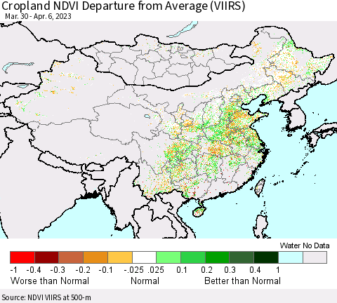 China, Mongolia and Taiwan Cropland NDVI Departure from Average (VIIRS) Thematic Map For 3/30/2023 - 4/6/2023