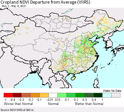 China, Mongolia and Taiwan Cropland NDVI Departure from Average (VIIRS) Thematic Map For 5/1/2023 - 5/8/2023