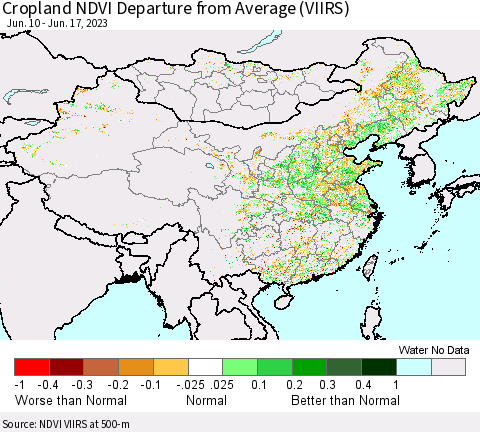 China, Mongolia and Taiwan Cropland NDVI Departure from Average (VIIRS) Thematic Map For 6/10/2023 - 6/17/2023