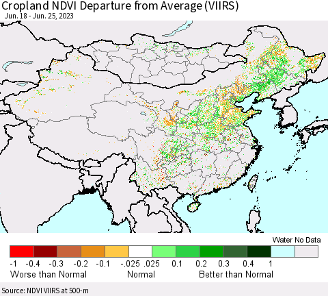 China, Mongolia and Taiwan Cropland NDVI Departure from Average (VIIRS) Thematic Map For 6/18/2023 - 6/25/2023
