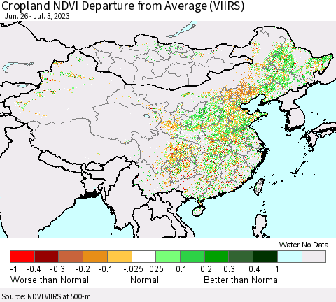 China, Mongolia and Taiwan Cropland NDVI Departure from Average (VIIRS) Thematic Map For 6/26/2023 - 7/3/2023