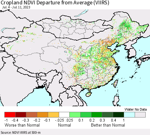 China, Mongolia and Taiwan Cropland NDVI Departure from Average (VIIRS) Thematic Map For 7/4/2023 - 7/11/2023