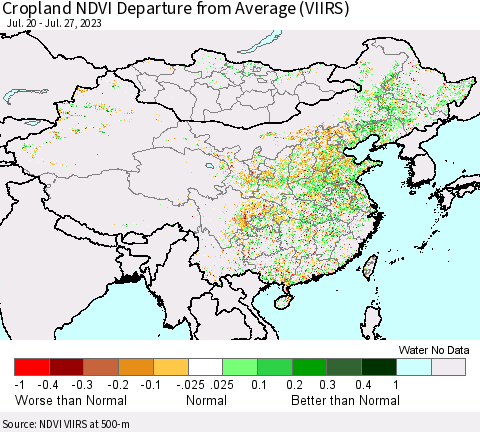 China, Mongolia and Taiwan Cropland NDVI Departure from Average (VIIRS) Thematic Map For 7/20/2023 - 7/27/2023