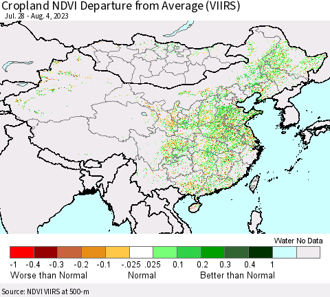 China, Mongolia and Taiwan Cropland NDVI Departure from Average (VIIRS) Thematic Map For 7/28/2023 - 8/4/2023